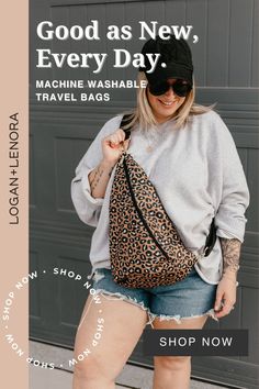 The Logan and Lenora leopard sling bag is the perfect crossbody bag for all of your summer travel outfits. It is machine washable, waterproof and can be worn on your front or back. Summer Travel Outfits, Travel Outfit Summer