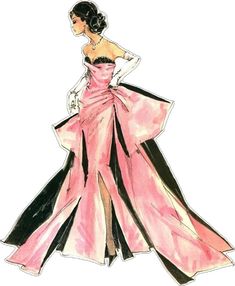 a drawing of a woman in a pink dress with black trimmings and an open back