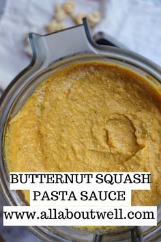 butternut squash pasta sauce in a glass jar with the words, butternut squash pasta sauce