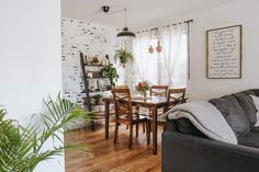 a living room filled with furniture and a wooden table surrounded by potted plants on top of a hard wood floor