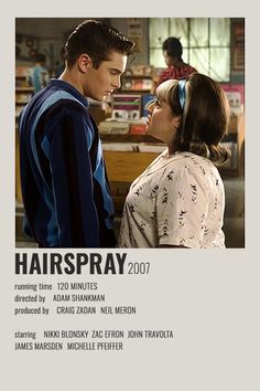 the poster for hairspray shows two people standing next to each other and looking at each other