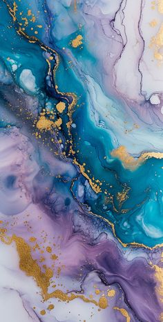 an abstract painting with gold paint and blue, purple, and white fluid paints on it