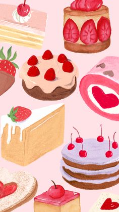 an illustration of different types of cakes and pastries on a pink background with cherries