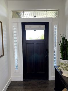 a black front door with white shutters and a potted plant on the side