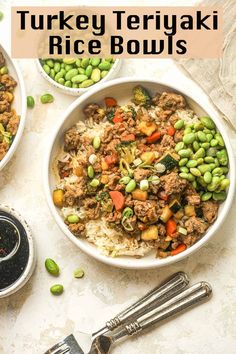 two bowls filled with rice, peas and turkey next to each other on a table