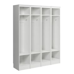 a white locker with four doors and three shelves