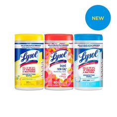 three bottles of lysol hand sanitizers on a white background with the caption lysol brand new