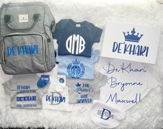 This items includes (1) diaper bag, (5) onesies. (1) blanket, (1) bib, (2) pair of socks, (1) hat for boys or (1) bow for girls, all personalized. Baby Boy Bags, Baby Gender Reveal Party Decorations, Baby Boy Monogram, Hat For Boys, Elephant Baby Shower Theme, Baby Clothes Organization, Newborn Mom, Personalized Baby Bibs, Baby Gender Reveal Party