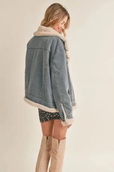 Product Details: ❥ Color: Washed Denim �❥ Fully lined faux fur denim jacket ❥ Denim outer lining ❥ Long sleeves ❥ Collared ❥ Side pockets ❥ Faux fur trimmed hemlines ❥ Oh so cozy! ❥ A Tiny Details favorite ❥ Relaxed fit ❥ Easy to wear and style ❥ Fabric Content: Self: 100% Cotton | Contrast: 100% Polyester Denim Jacket Photoshoot, Fur Denim Jacket, Jacket Photoshoot, Fur Lined Denim Jacket, Denim Jacket With Fur, Fitted Denim Jacket, Lined Denim Jacket, Jacket Denim, Washed Denim