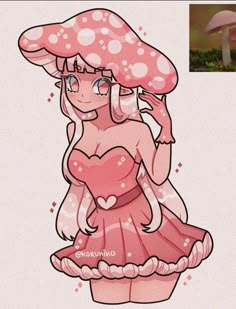 a drawing of a girl in a pink dress with a mushroom on her head