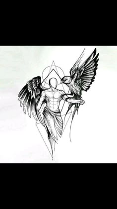 a drawing of a man with wings on his chest and an eagle in the background