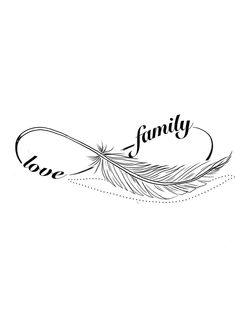 a black and white drawing of a feather with the word'family'written in cursive writing