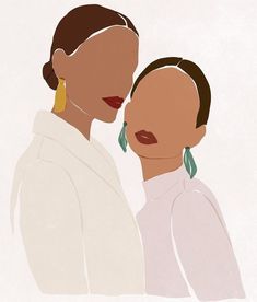 two women are standing next to each other, one is wearing earrings and the other has her hair pulled back