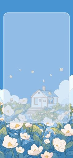 an image of a house in the middle of flowers with butterflies flying over it and blue sky above