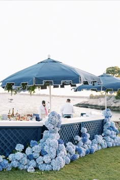 two people sitting at an outdoor bar with blue hydrangeas and umbrellas over it