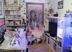 a bedroom with lots of toys and decorations on the walls