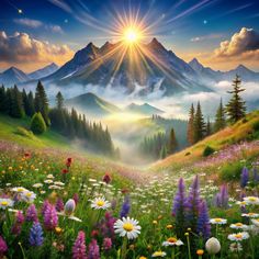 the sun shines brightly over a mountain landscape with wildflowers and daisies