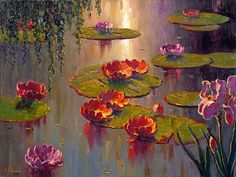 an oil painting of water lilies and lily pads