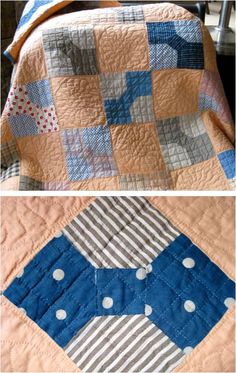 two quilts that have been made and one is blue and the other has white polka dots