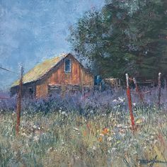 an oil painting of a barn in the middle of a field with tall grass and trees