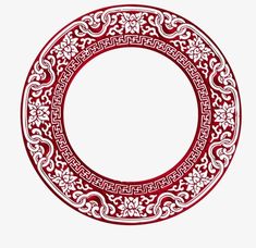 a red and white plate with an ornate design on it's rim, in the shape of a circle