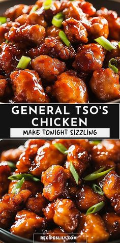 two pictures of general's chicken with text overlay