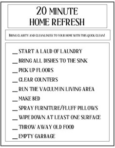 the 20 minute home refresh list with instructions for how to clean and use it