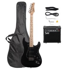 an electric guitar and amp with accessories