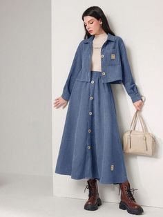 Azul Casual Collar manga larga  Liso  Embellished No-Elástico Coat Set For Women, Tomboy Stil, Girly Style Outfits, Modest Dresses Fashion, Shirt And Skirt, Skirt Two Piece