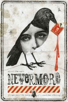 an old poster with a bird on it's head and the words nevermore