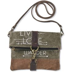 PRICES MAY VARY. CARRY YOUR STYLE: Upcycled Canvas Shoulder Bag is printed with the explorer’s mantra: Live, Love, Wander. The gray and brown purse can be worn crossbody or carried as a clutch by removing the strap. SUSTAINABLE FASHION: This ecological bag is crafted of distressed canvas from repurposed tents and tarps with faux-leather trim. PRACTICAL FEATURES: Bag includes a fully lined interior with a fold-over zip closure. Exterior features a stylish antiqued bronze locking closure for added Cheap Versatile Box Bag With Adjustable Strap, Cheap Spring Box Bag With Detachable Strap, Cheap Handmade Canvas Bag For Vacation, Cheap Versatile Shoulder Bag With Snap Closure, Cheap Canvas Bag With Adjustable Strap For Gift, Cheap Everyday Canvas Bag With Snap Closure, Cheap Casual Canvas Bag With Cell Phone Pocket, Cheap Travel Canvas Bag With Cell Phone Pocket, Cheap Canvas Crossbody Bag For Daily Use