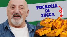 a man standing in front of a plate of food with the words focaccia di zucca on it