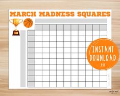 a printable march madness squares with an orange circle and trophy on it, next to the