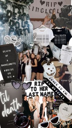 the collage has many different pictures and words on it, including black and white