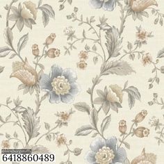 a wallpaper with flowers and leaves is shown in grey, beige, and white colors