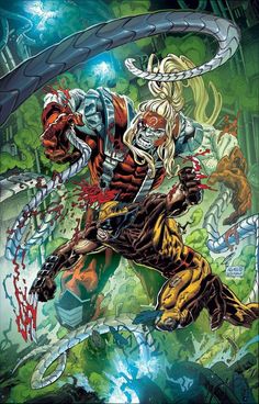 an image of a comic book cover with a demon attacking another creature in the background