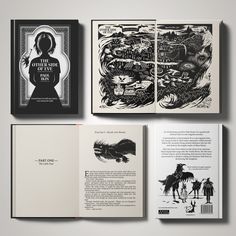 three books are opened on top of each other, with illustrations in black and white