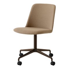 an office chair with wheels and a beige upholstered seat, viewed from the front