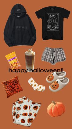 an assortment of halloween items on a brown background