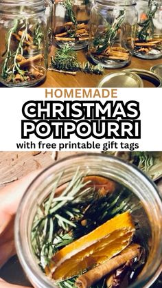 homemade christmas potpouri with free printable gift tags in mason jars for the holidays