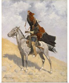 a painting of a man riding on the back of a white horse in a desert