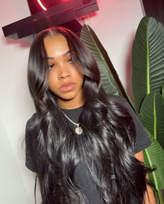 Prom Hair Styles For Black Women, Loose Curls Sew In Middle Part, Sew In Weave With Leave Out Middle Part Curls, Black Hair Weave Hairstyles, Jet Black Middle Part Sew In, Middle Part Buss Down Body Wave, Beach Wave Curls Black Women, Weaves For Black Women Sew In, Middle Part Curls Black Women