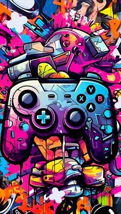 a painting of a video game controller in front of colorful spray paint on the wall