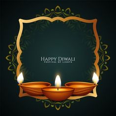 happy diwali greeting card with three lit candles on dark green and gold background