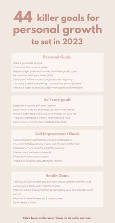 44 killer personal growth goals to set in 2023 Self Improvement Goals, Personal Growth Goals, Build Self Confidence, Improve Your Self, Become A Better Person, Break A Habit, 5am Club, Self Care Bullet Journal, Writing Therapy