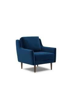 a blue chair with wooden legs and armrests on a white background, it's upholstered against the wall