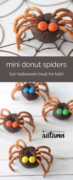 a spider made out of chocolate and sprinkles with the words mini donut spiders fun halloween treat for kids