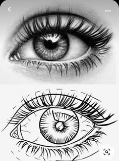 two different types of eyes with long lashes and eyelashes on the bottom one is drawn in pencil