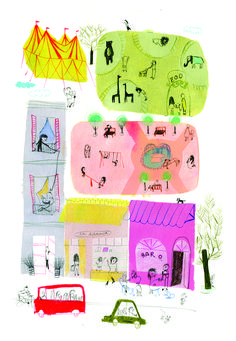 this is an image of children's artwork with houses and animals on it, including a car