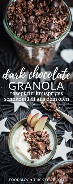 chocolate granola in a glass bowl on top of a black table with white stars